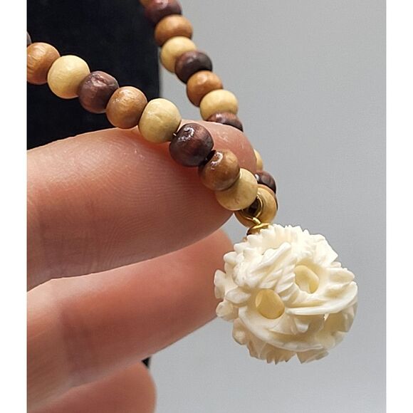 Bovine Bohemian Carved Pendant Ball inside a Ball Wooden Beads 17in - Picture 1 of 5